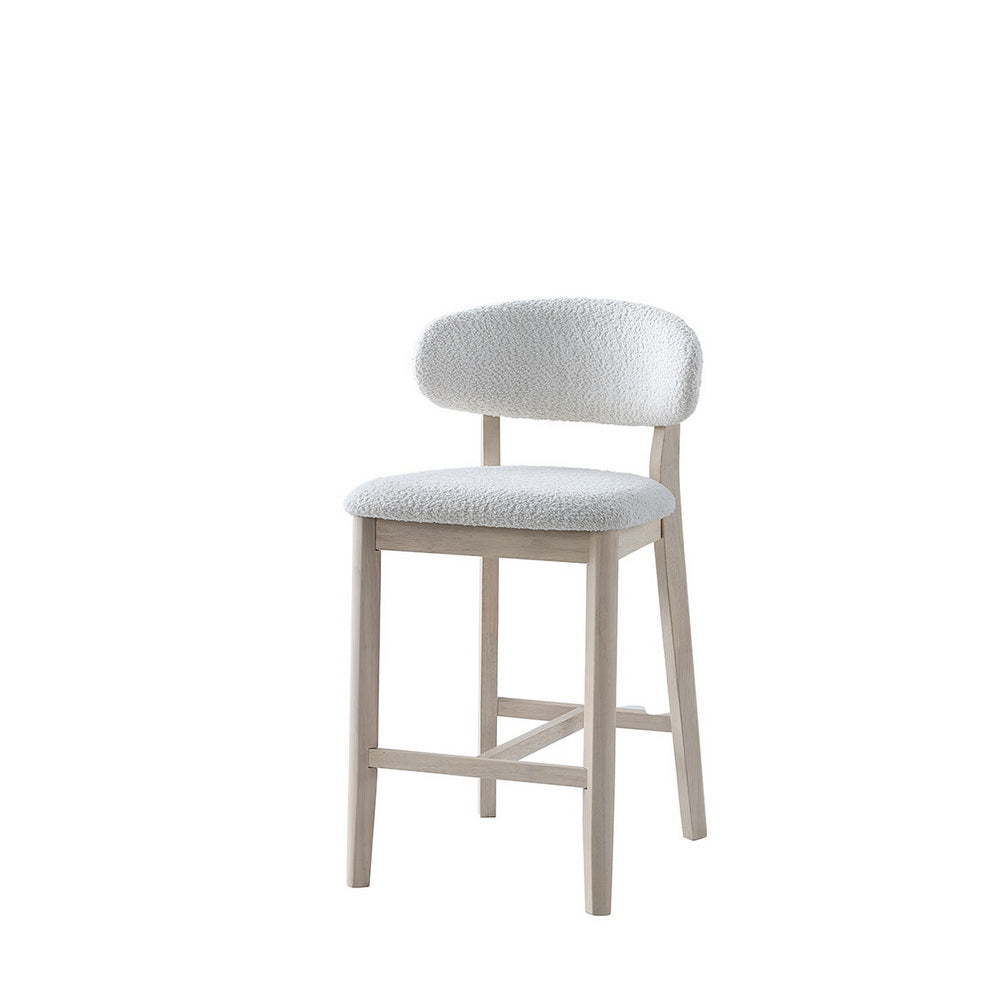 Pair of cream upholstered bar stools with light wood frames and curved back