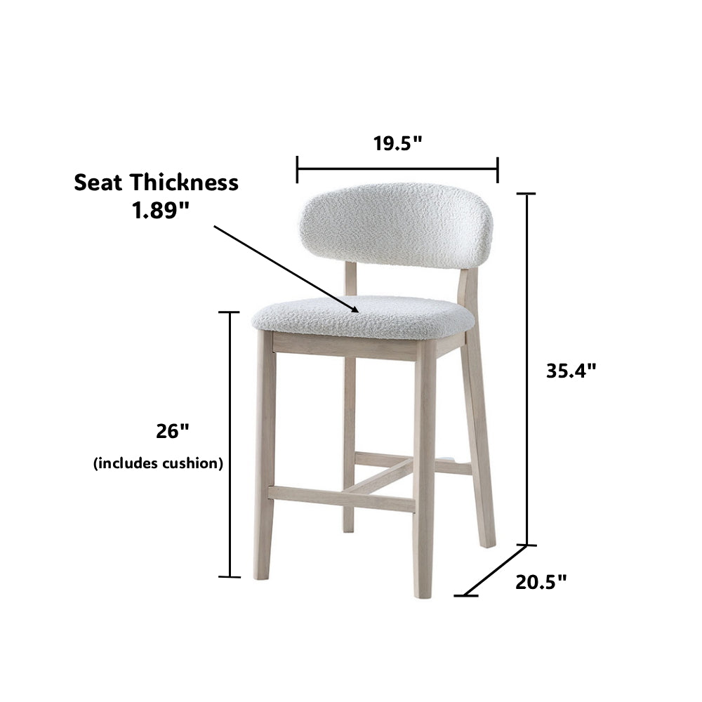 Upholstered bar stool with light gray seat cushion, rounded back, white wood legs