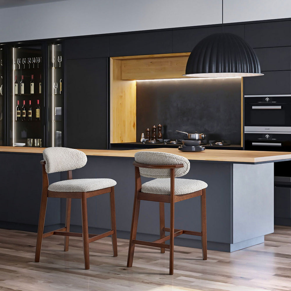 ACTU counter bar stools set of 2 with light gray upholstery and dark wood frames in kitchen