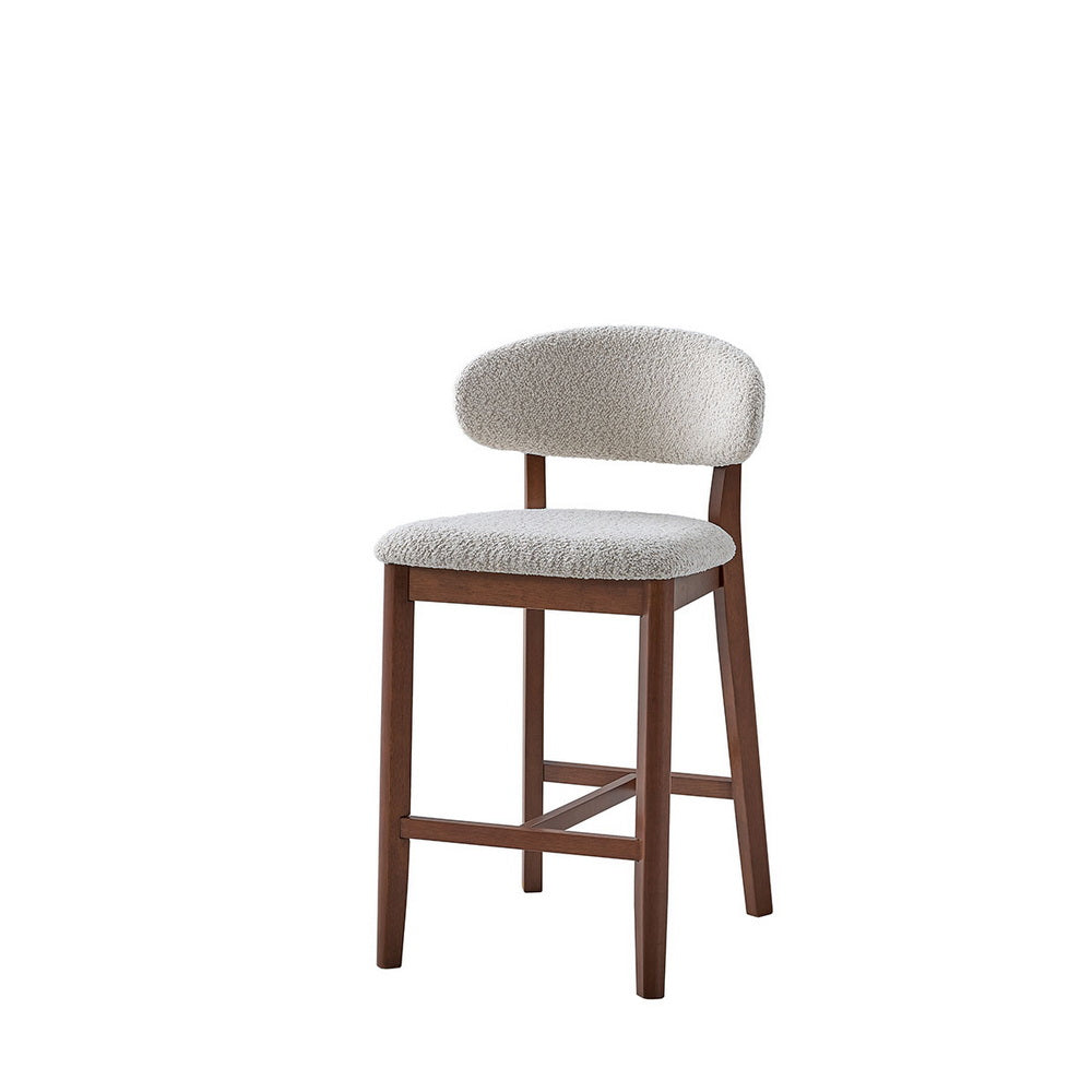 Light gray upholstered counter bar stool with rounded backrest and medium-brown wooden legs
