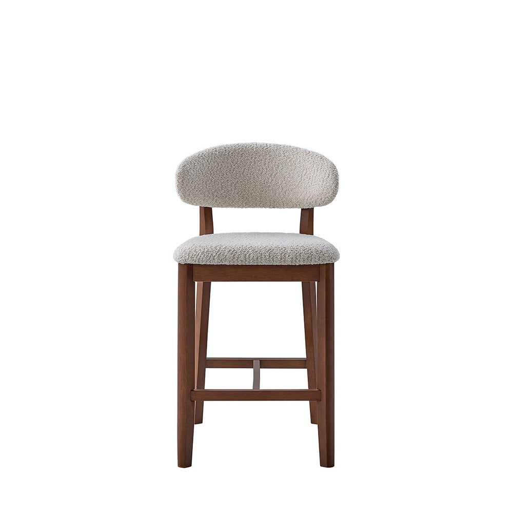 Upholstered bar stool set with light gray boucle seat and dark wood legs