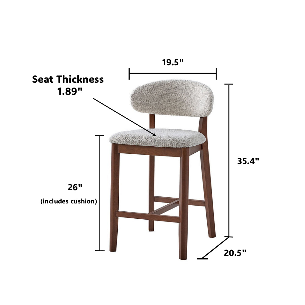 Upholstered bar stool with light gray seat cushion and dark wood legs, mid-century style