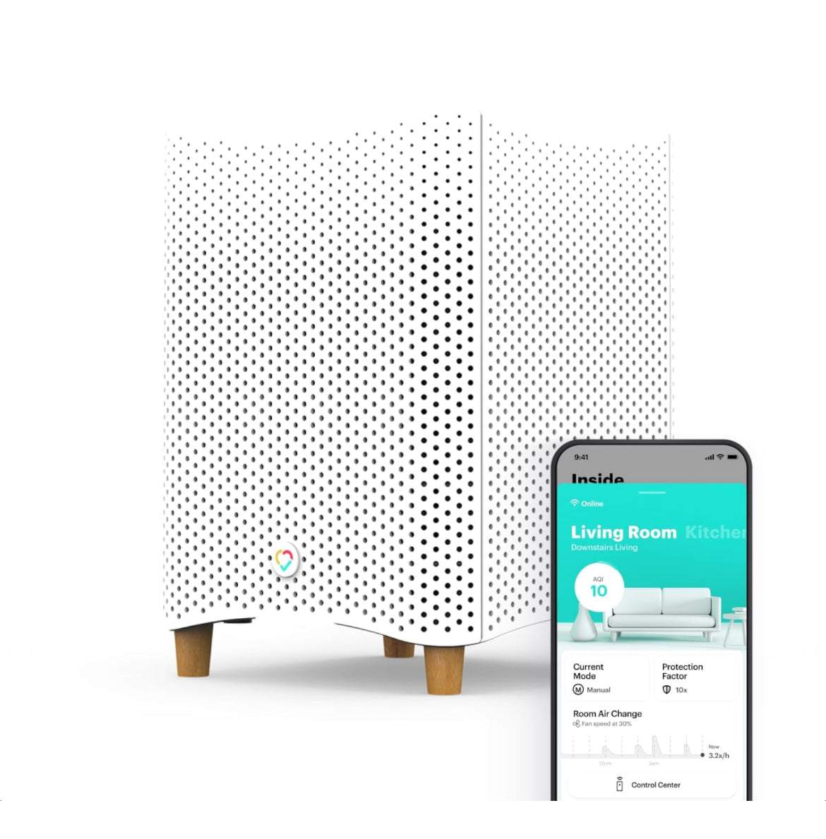 Air purifier with perforated front panel and small status light; includes phone app display