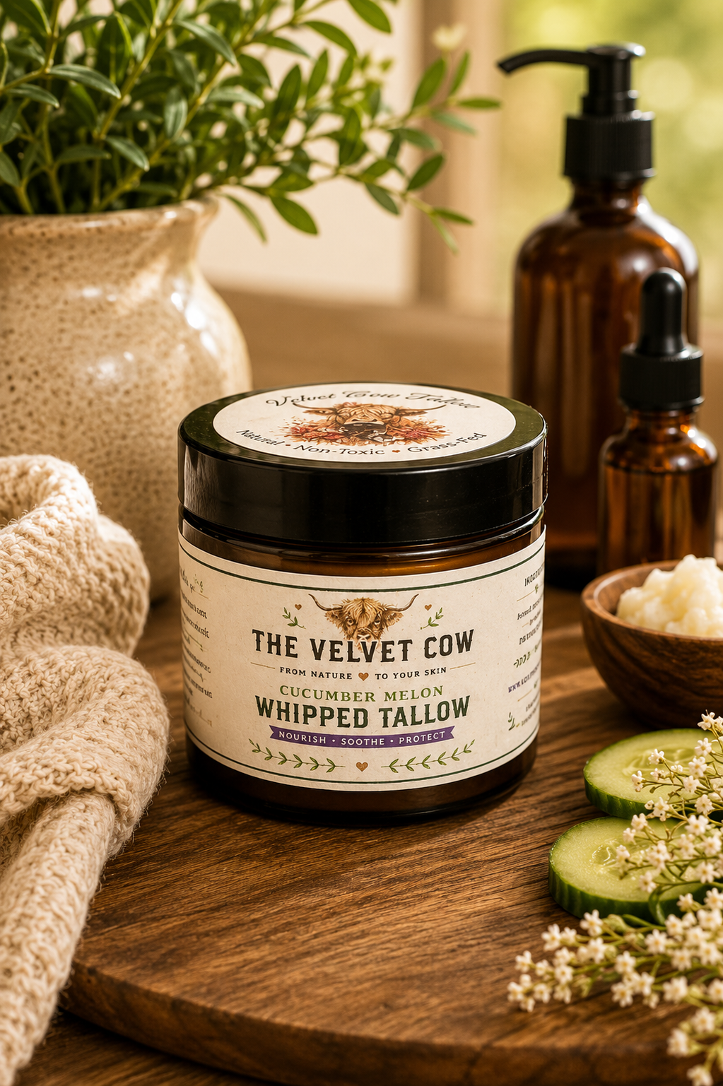 Whipped tallow body butter jar with black lid and cream on a wooden surface