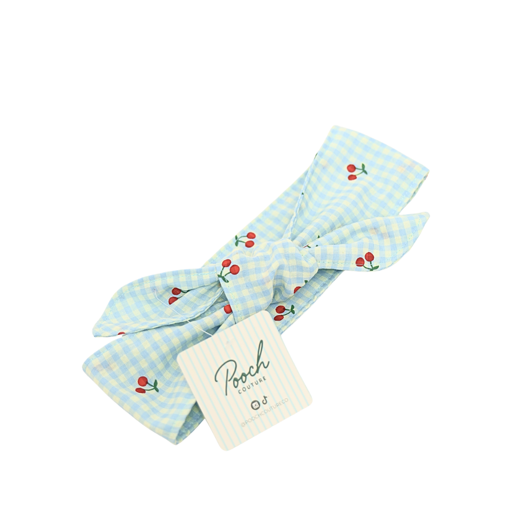 Light blue gingham neckerchief with red cherry print and bow tie ends