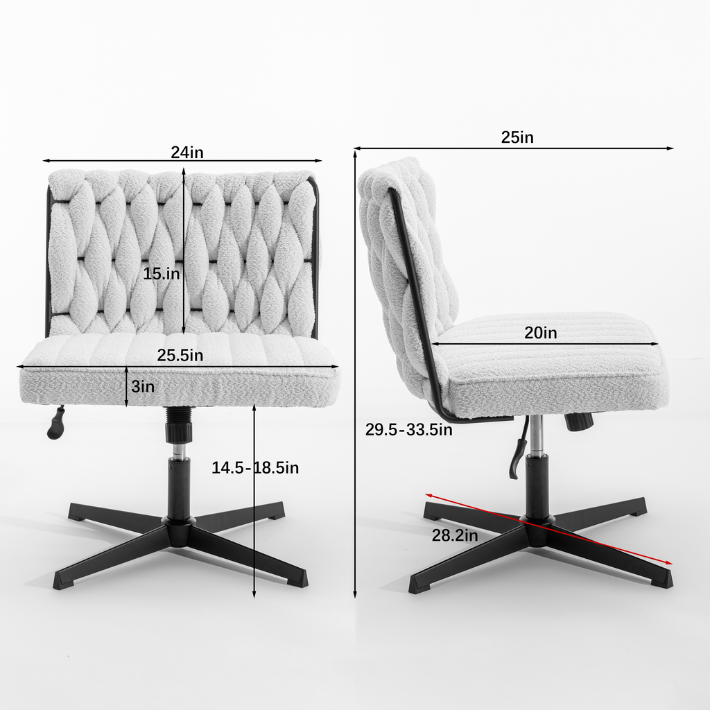 Blue armless office desk chair shown with front and side size dimensions.