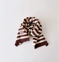 Toddler striped scarf in brown and cream knit, with small bear applique