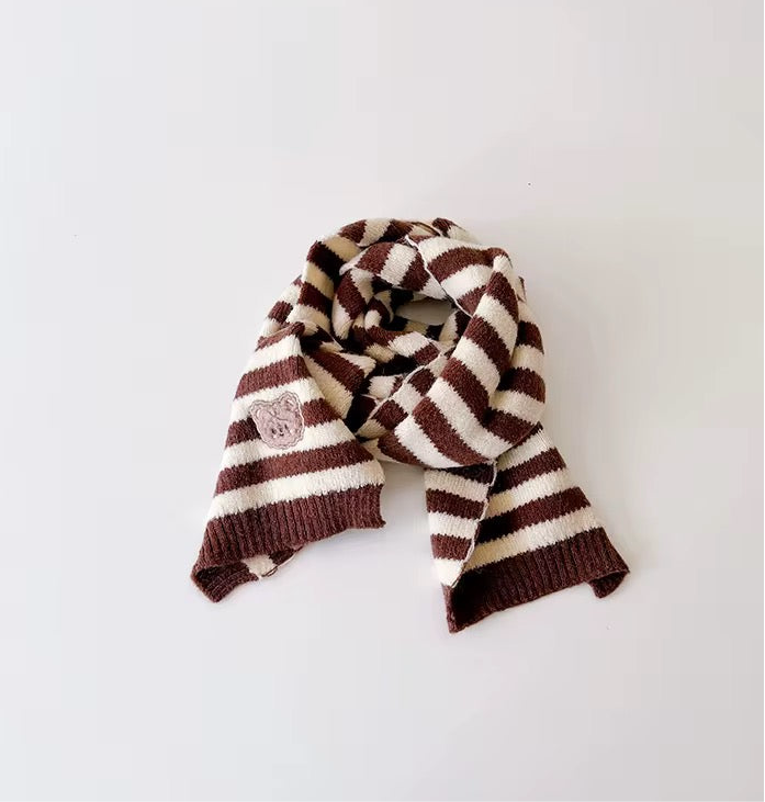 Toddler striped scarf in brown and cream knit, with small bear applique
