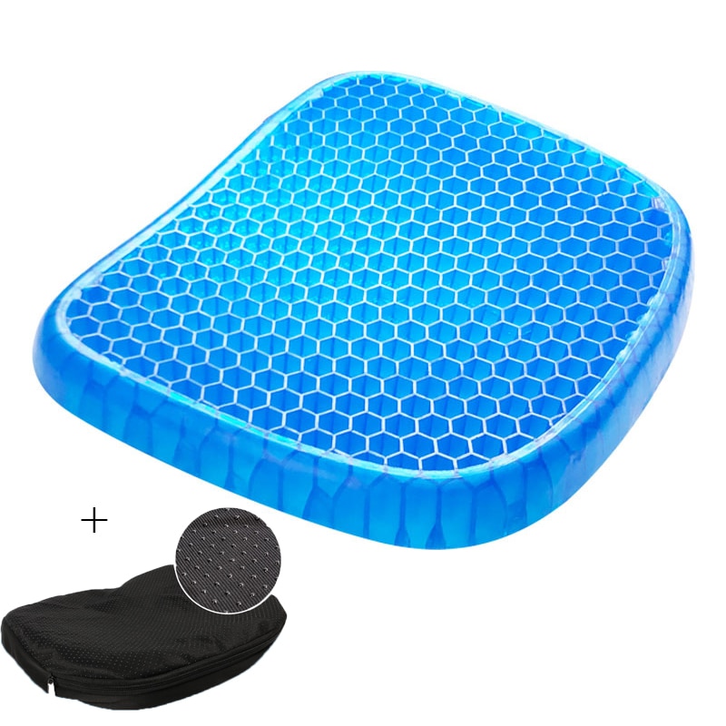 Light blue gel seat cushion with honeycomb pattern and curved top