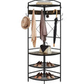 Corner hall tree shoe storage bench with hanging rods and three circular shoe shelves