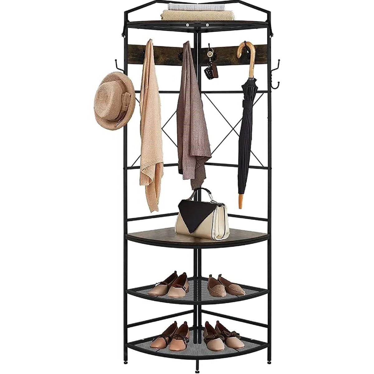 Corner hall tree shoe storage bench with hanging rods and three circular shoe shelves