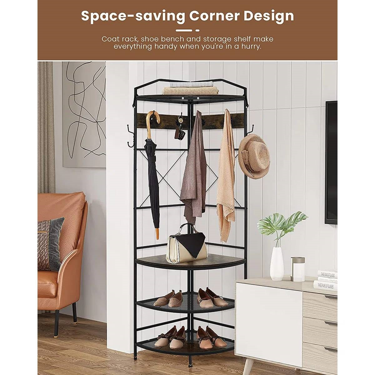Corner entryway hall tree with hanging coats and hats plus three-tier circular shoe rack