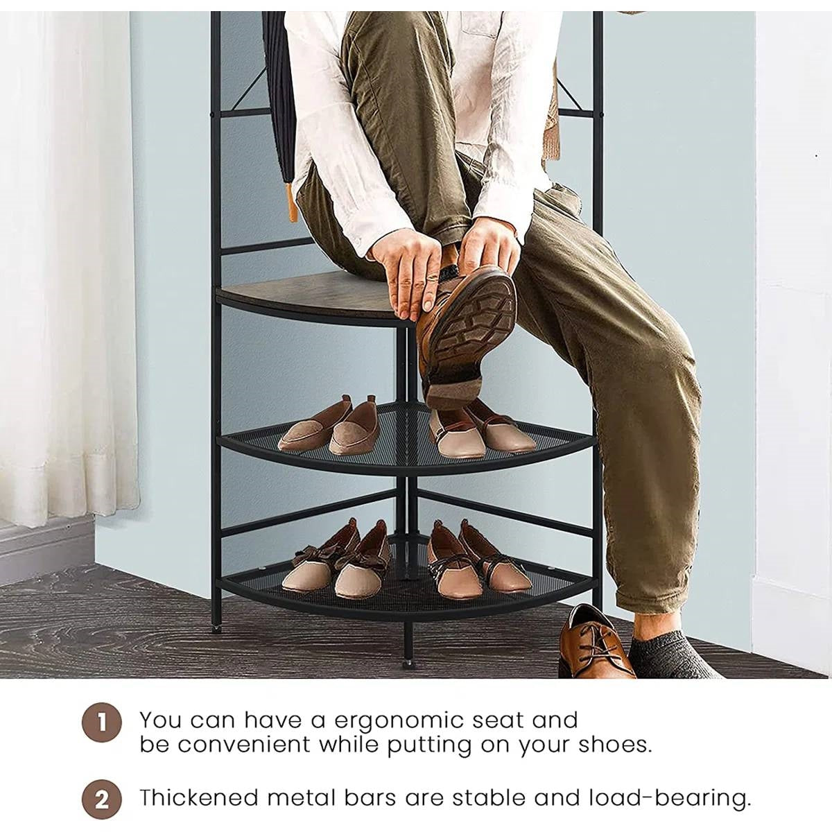 Corner shoe storage bench with person placing brown shoes on circular shelf