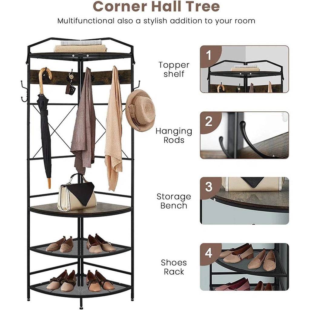 Multifunction corner hall tree with top shelf, hanging rods, and shoe storage bench