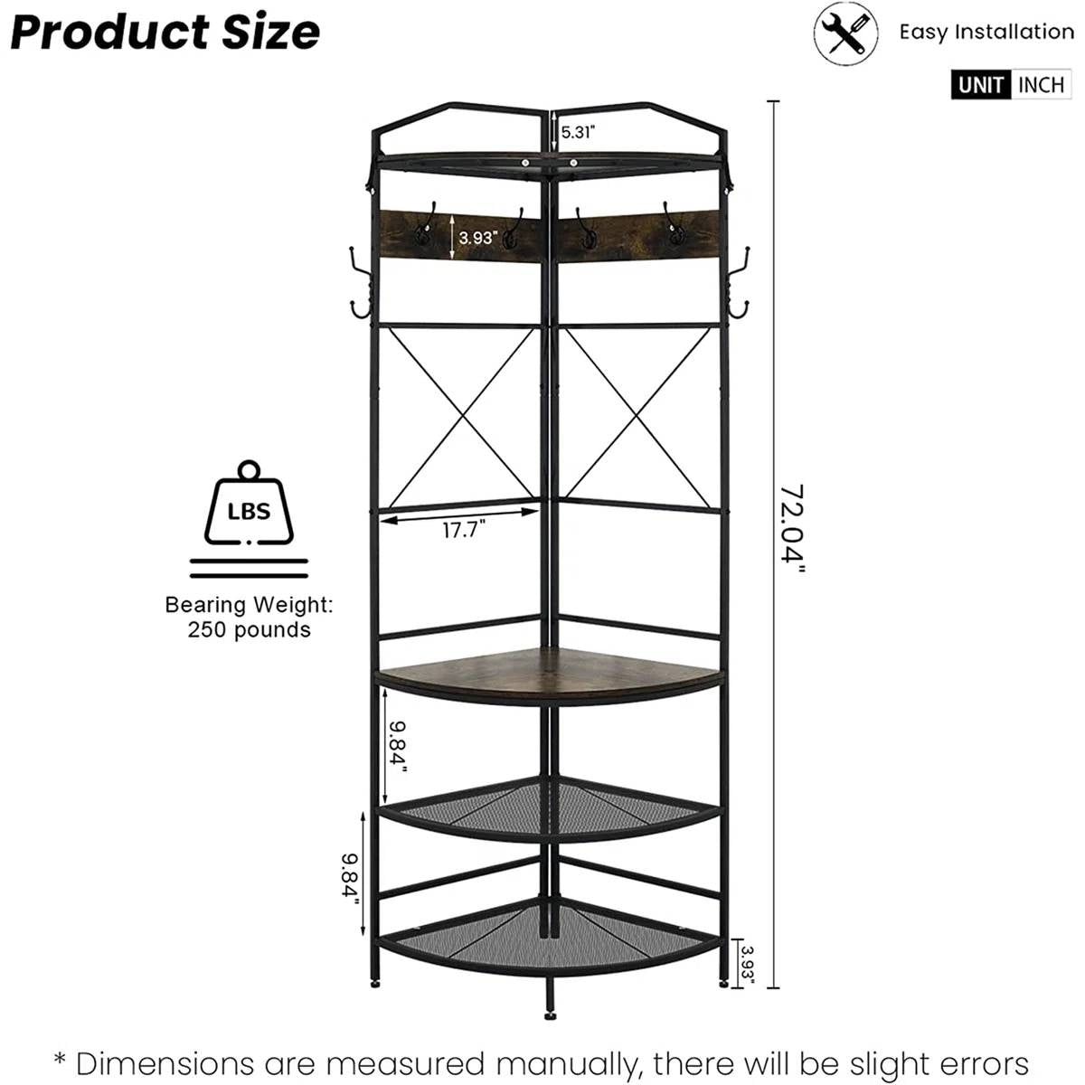Corner hall tree organizer with rounded shoe shelves and hanging rack frame