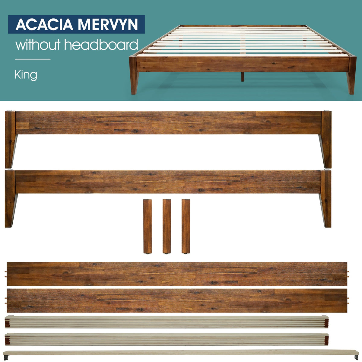 Wood bed frame components shown: side rails, slats, and center support pieces