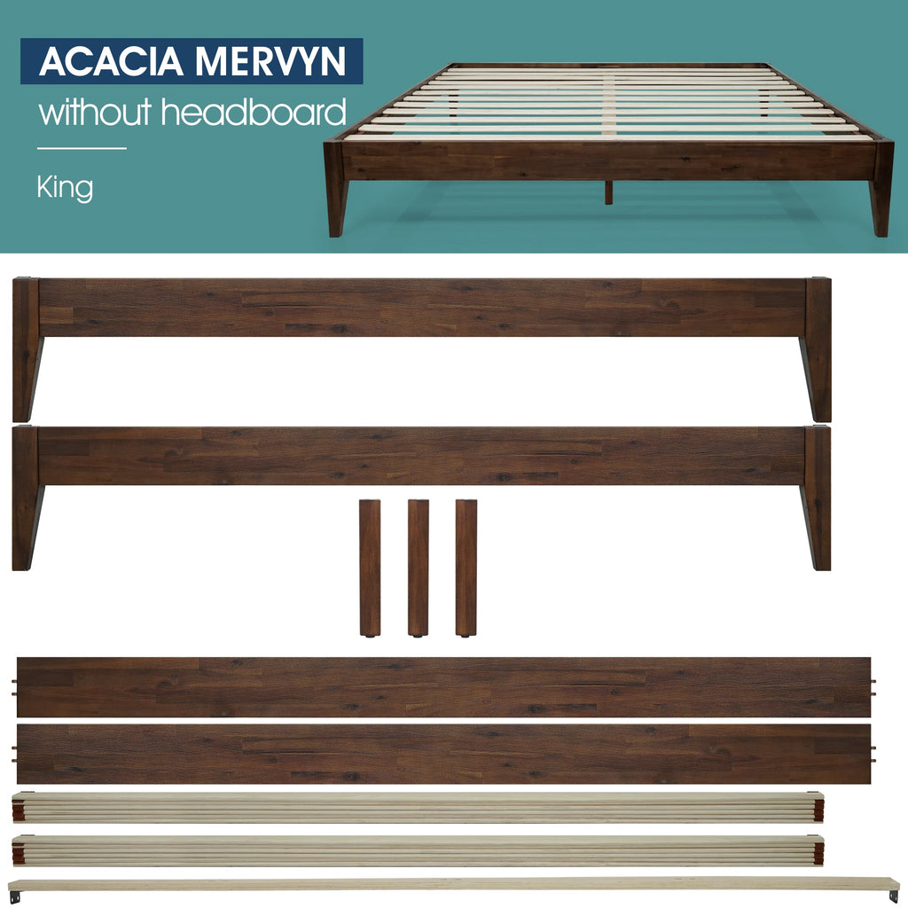 Wood bed frame parts set: rails, center supports, and slat pieces