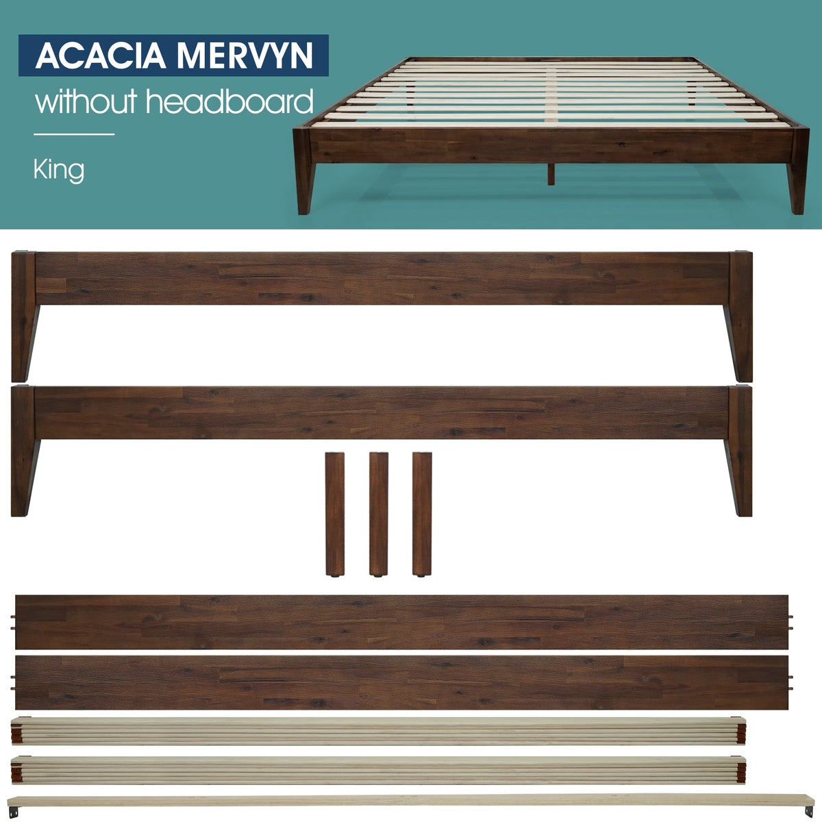 Wood bed frame parts set: rails, center supports, and slat pieces