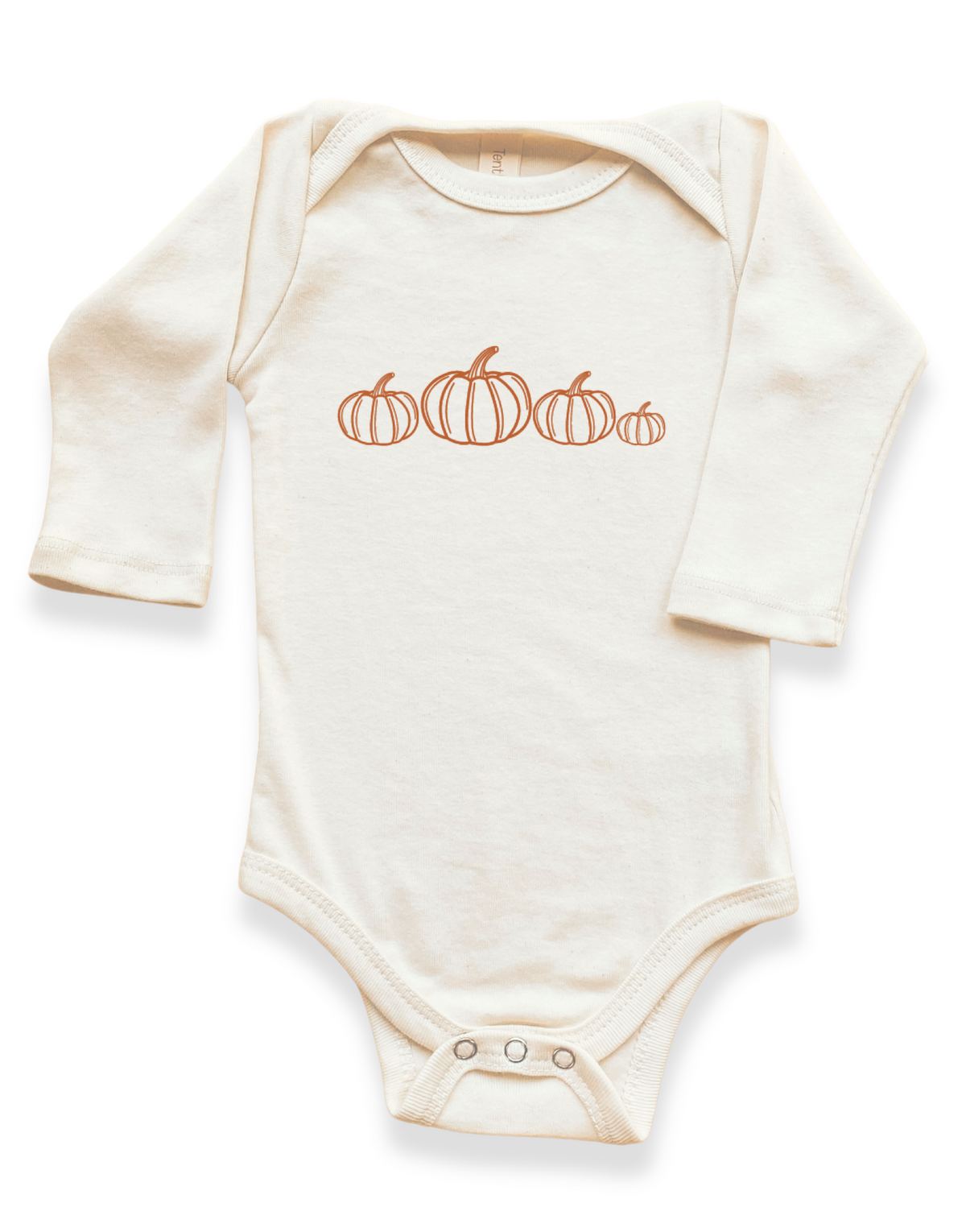 Cream long-sleeve bodysuit with orange pumpkin print and snap button closure