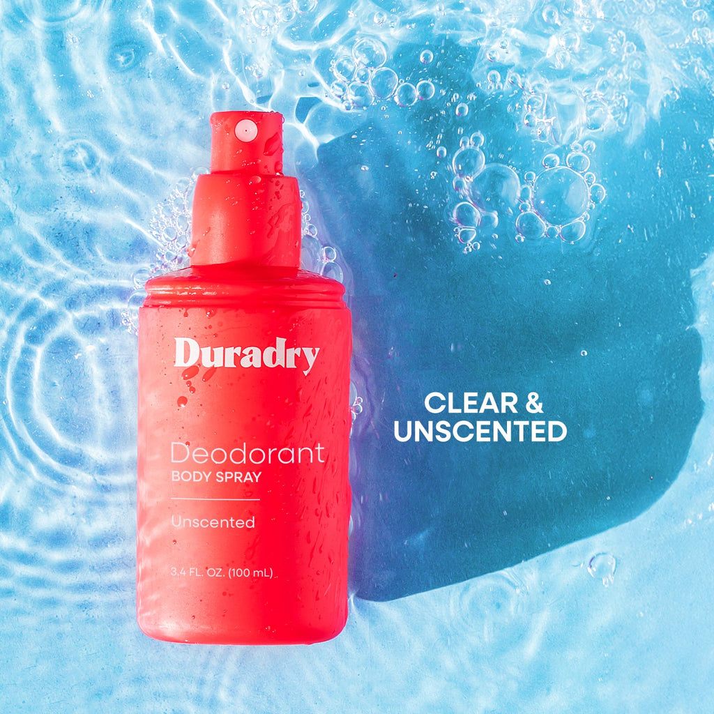 Duradry Deodorant Body Spray bottle with clear & unscented text on blue splash