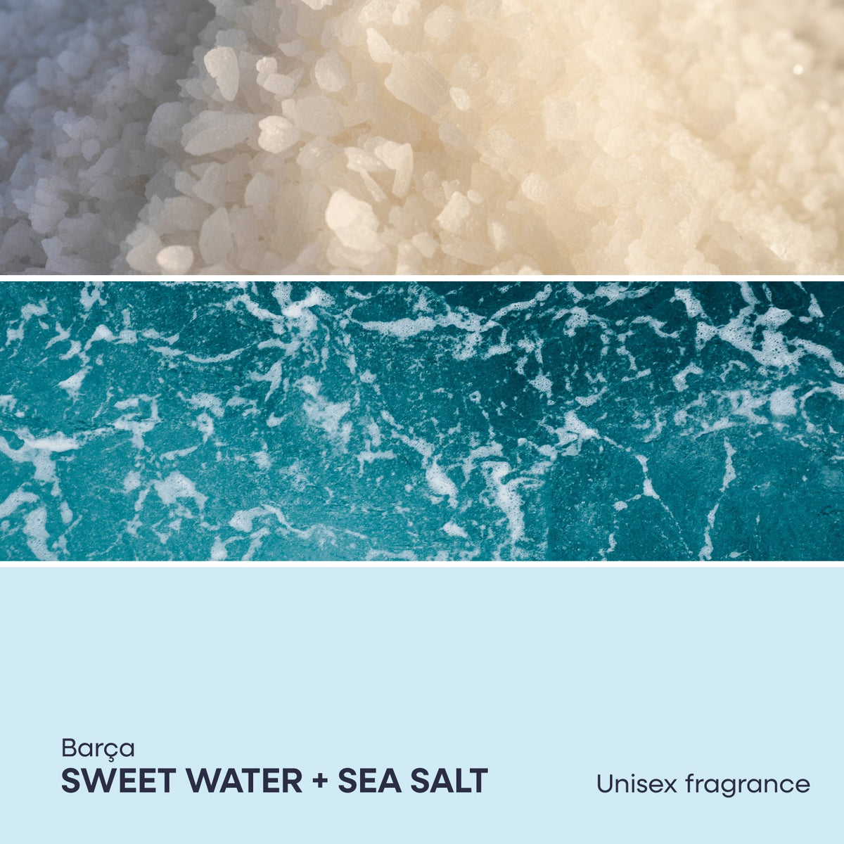 Fragrance set label with sea salt crystals, teal water texture, and Sweet Water + Sea Salt text