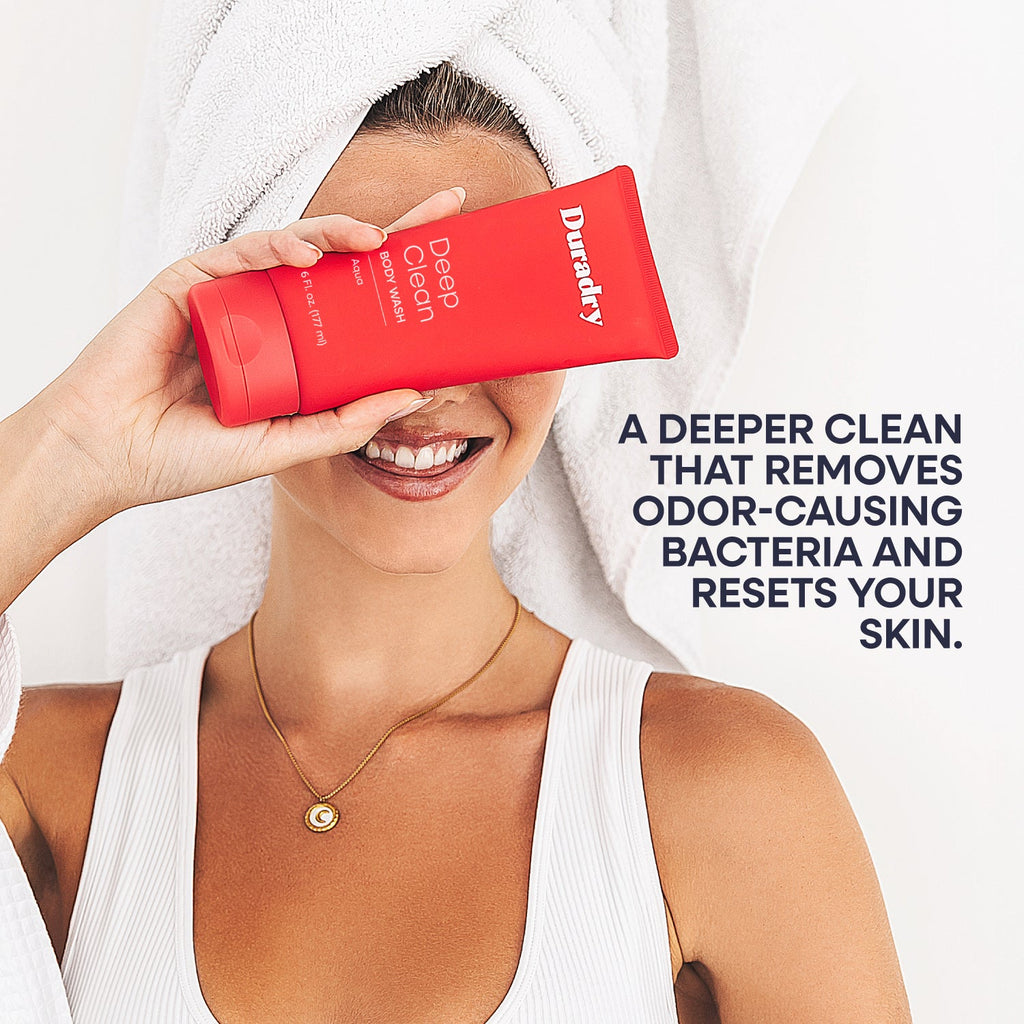 Active Body Set Duradry deodorant body spray held by a smiling person with towel