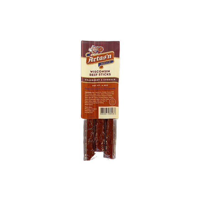 Wisconsin cranberry & cheddar beef sticks in retail package, sealed stick ends visible