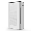 White air purifier with perforated intake panel and side air outlet window