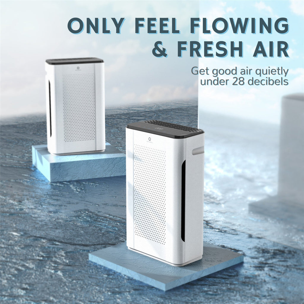 White air purifier with perforated front, side outlet, and top control panel