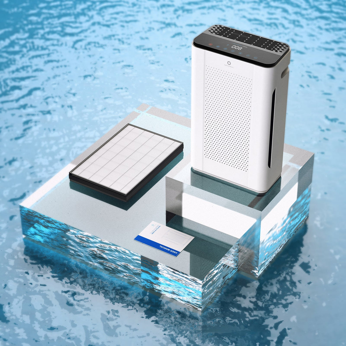 White air purifier with top control panel and included filter on glass base