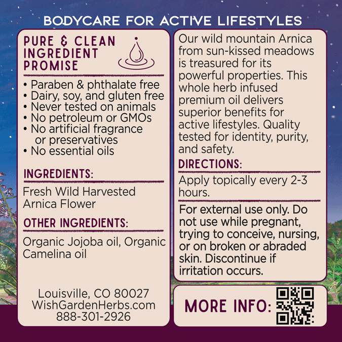 Arnica oil label with ingredients list, directions, warnings, and address
