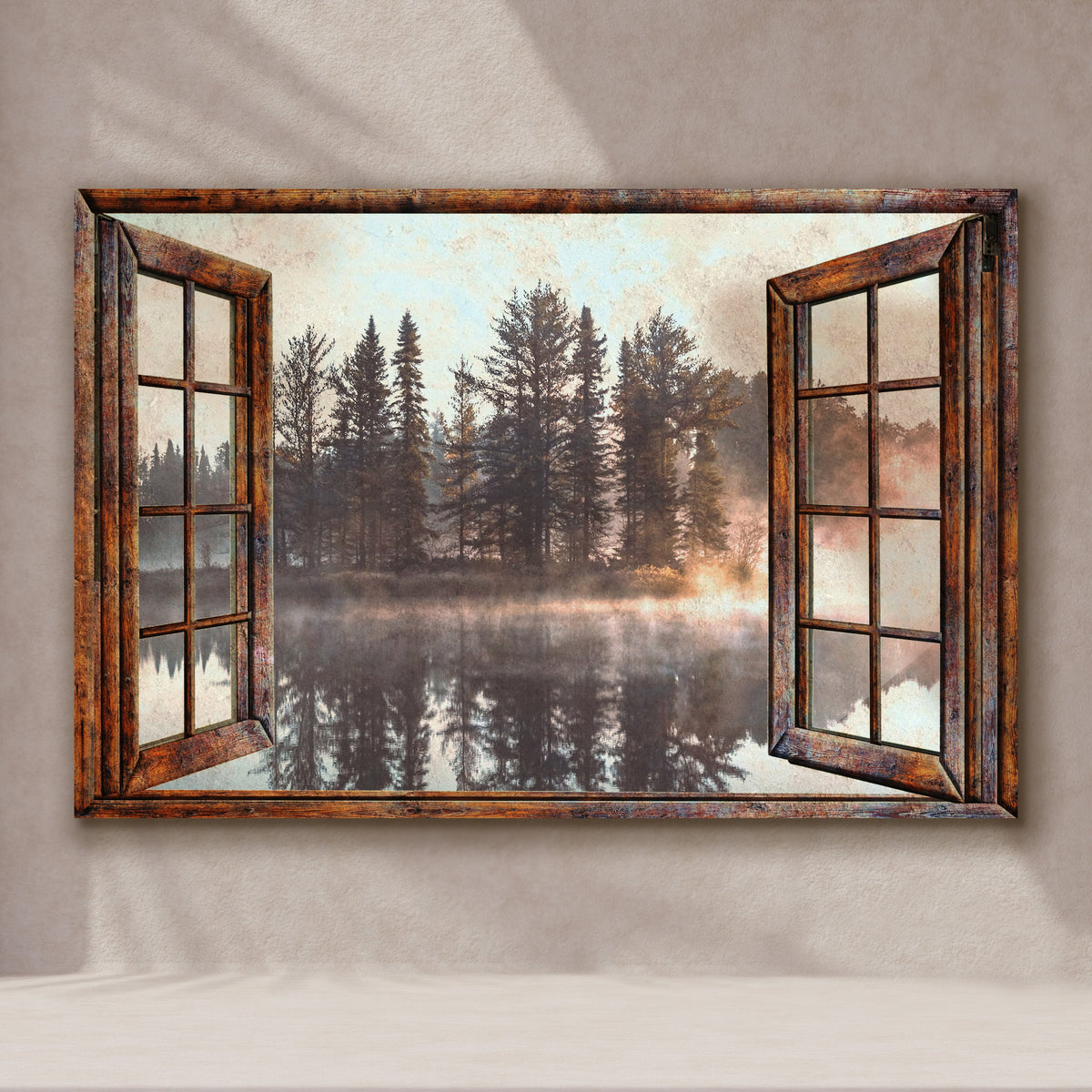 Canvas wall art with brown wooden window frame and misty forest lake landscape