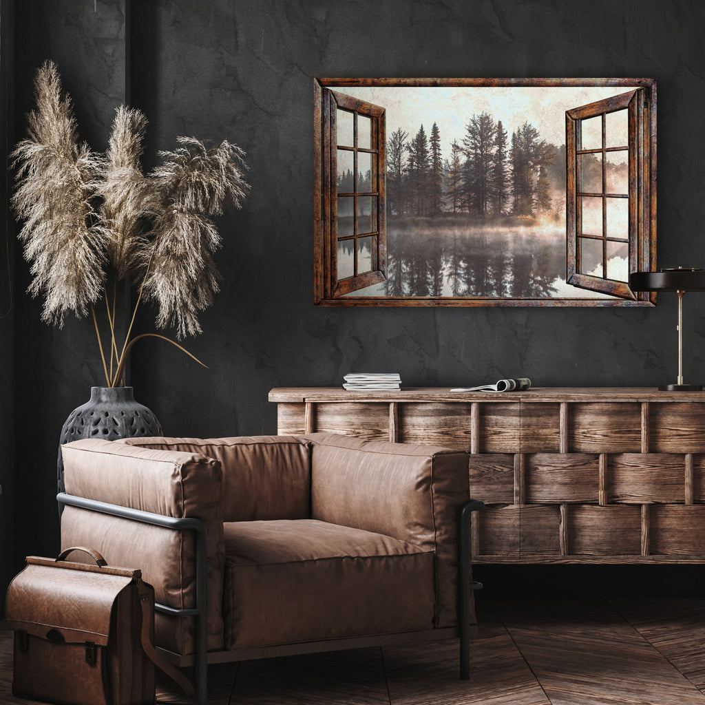 Canvas wall art showing foggy lake and pine trees through a window frame