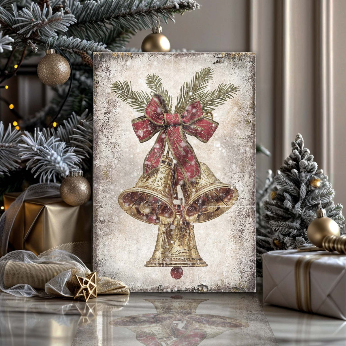 Canvas wall art of gold bells with red bow and green pine sprigs