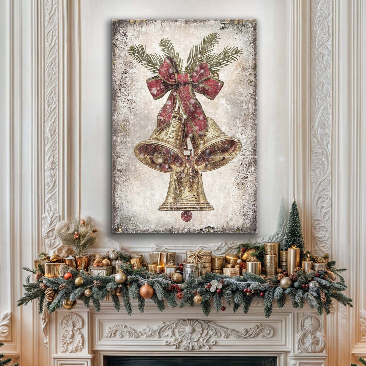Framed canvas wall art featuring gold bells, red ribbon bow, and evergreen leaves