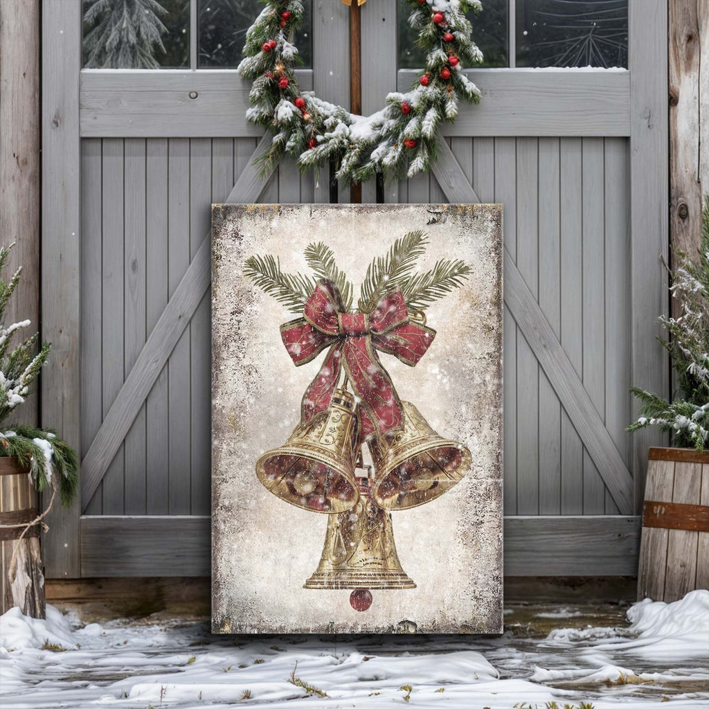 Vintage-style canvas wall art of gold bells with red bow and green pine branches