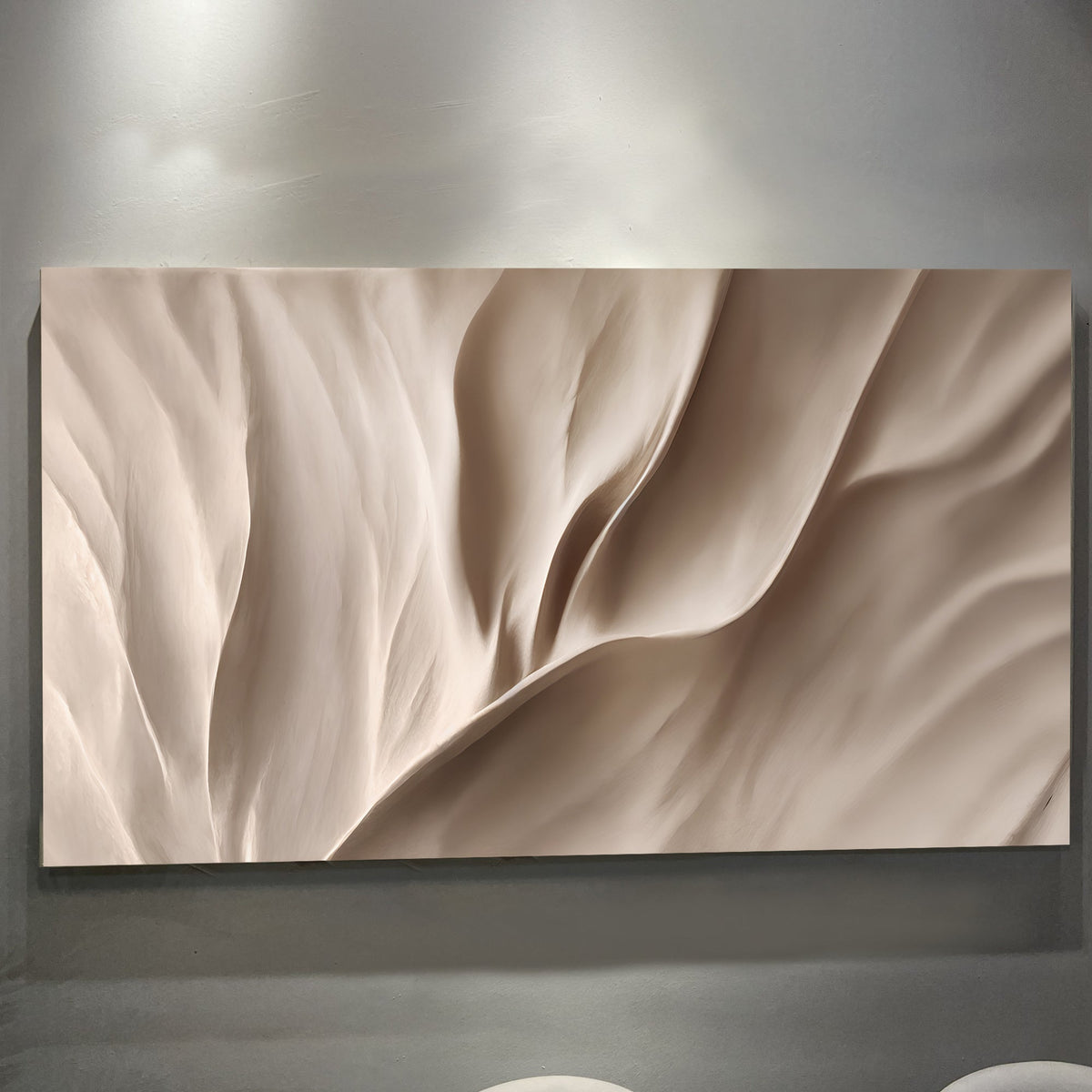 Beige abstract wave wall art on horizontal canvas print with raised fold texture