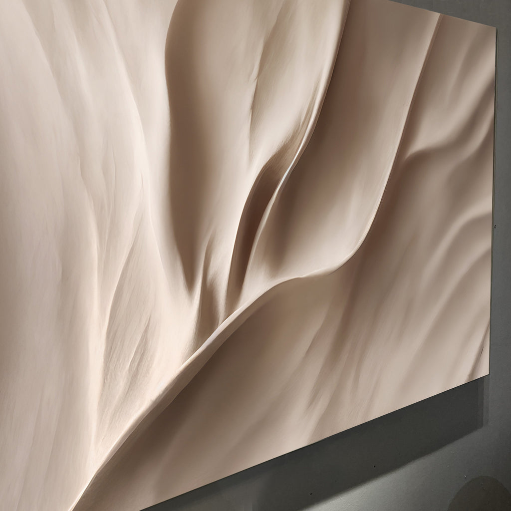 Beige abstract wave wall art close-up on canvas panel with smooth fold lines