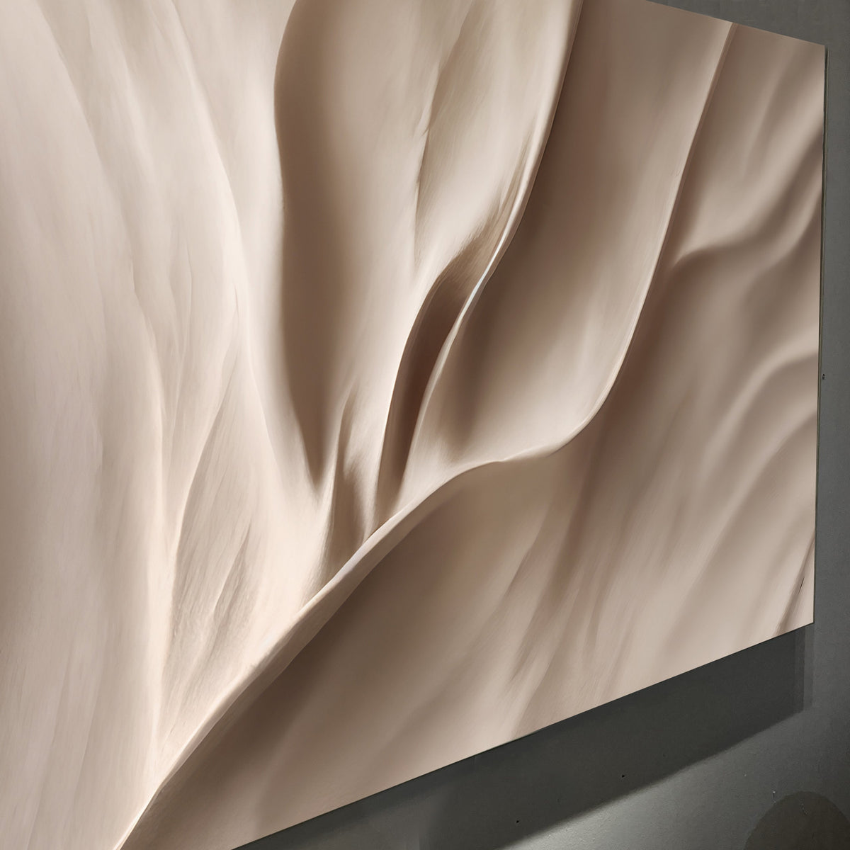 Beige abstract wave wall art close-up on canvas panel with smooth fold lines