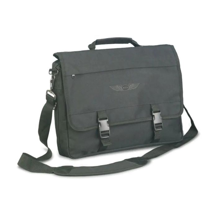 Dark green fabric brief bag with front flap, buckles, and adjustable shoulder strap