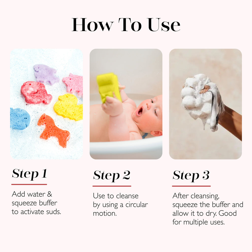Bath sponge gift box insert showing three-step use instructions