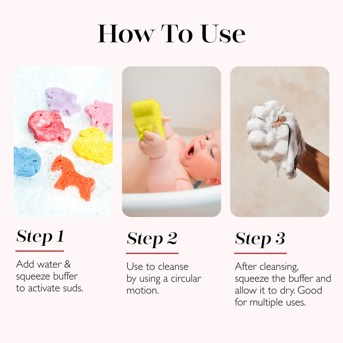 Bath sponge gift box insert showing three-step use instructions