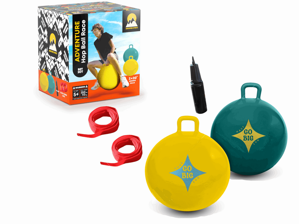 Two handled hop balls (teal, yellow), red straps, and black air pump