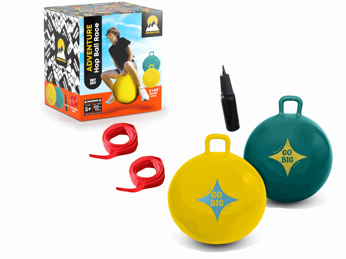 Two handled hop balls (teal, yellow), red straps, and black air pump