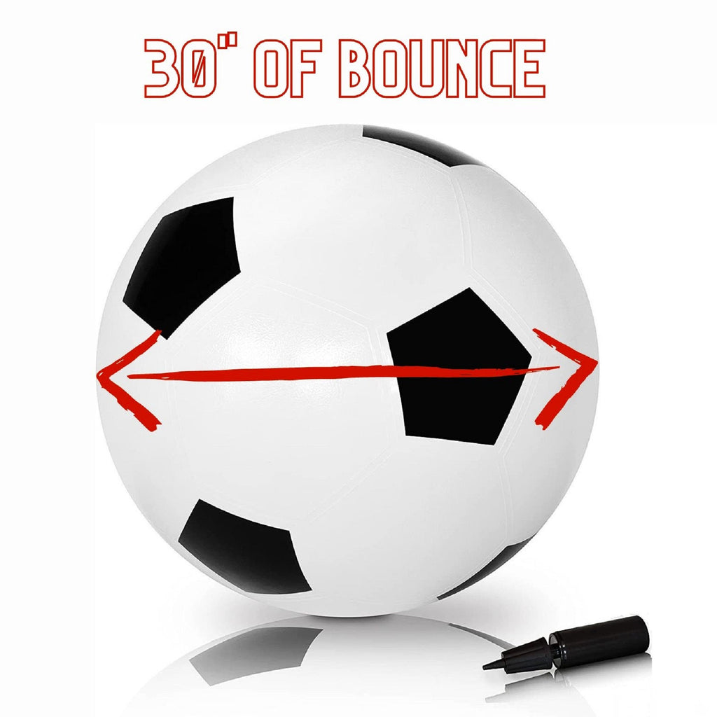 White soccer ball with black panels showing red bounce direction arrows