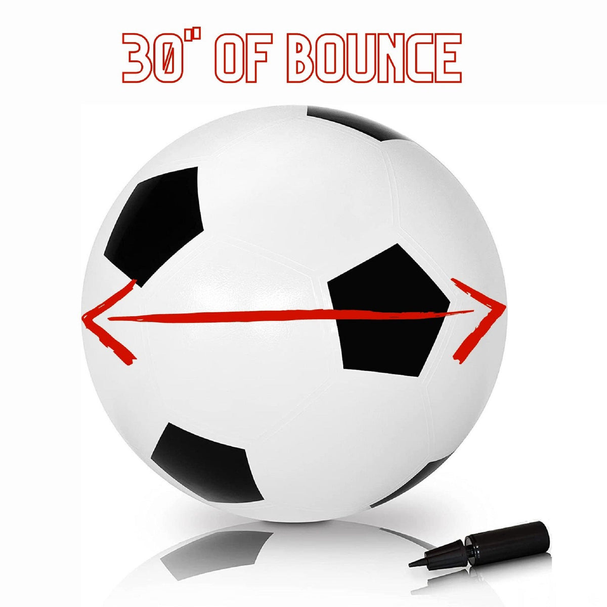 White soccer ball with black panels showing red bounce direction arrows