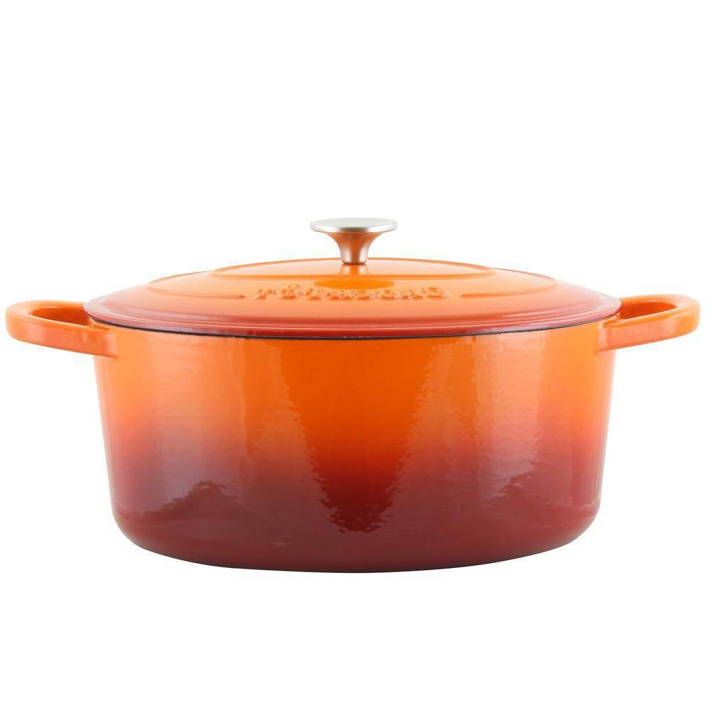 Orange enameled cast-iron Dutch oven with domed lid and matching side handles.