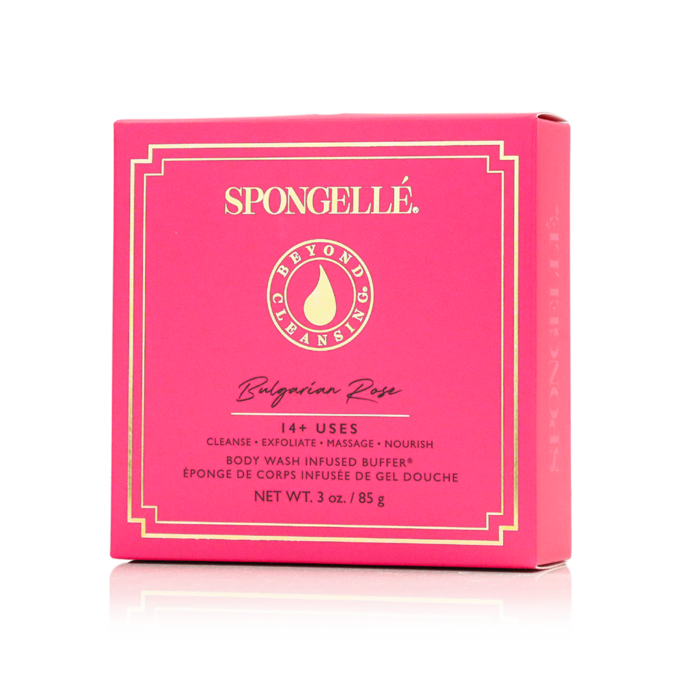 Pink boxed Bulgarian rose cleansing sponge set, front view