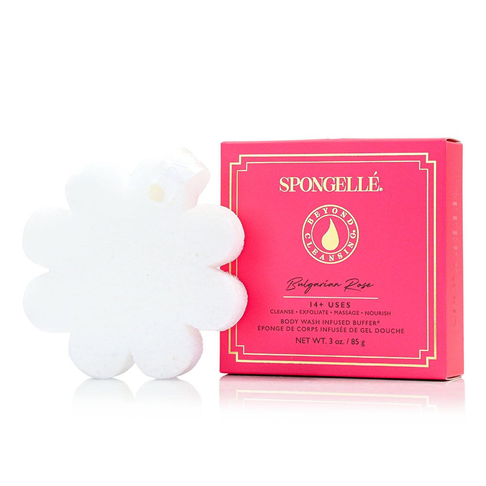 Pink boxed flower body sponge with Bulgarian rose label
