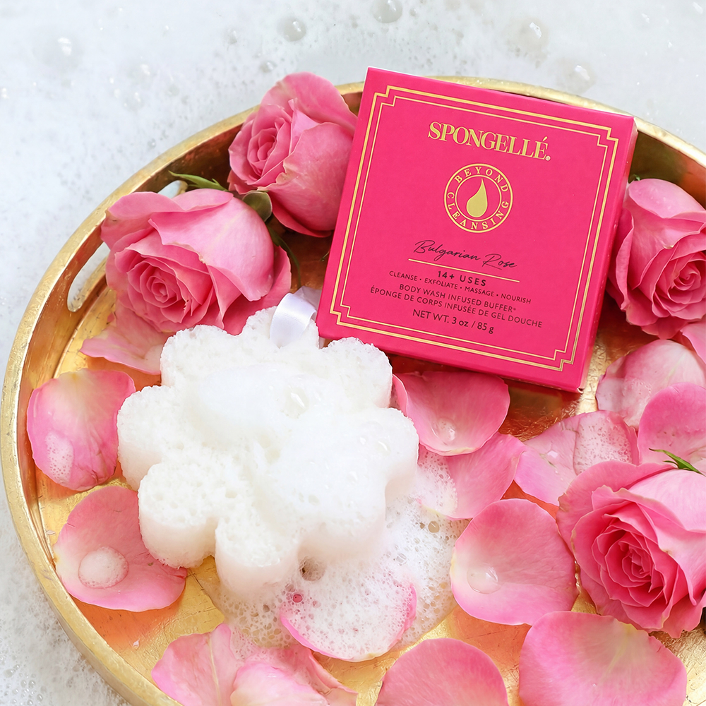Sponge flower with pink roses and Bulgarian rose product box
